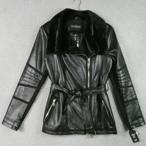 GUESS Black Faux Leather Belted Jacket with Plush Collar and Quilted Sleeves